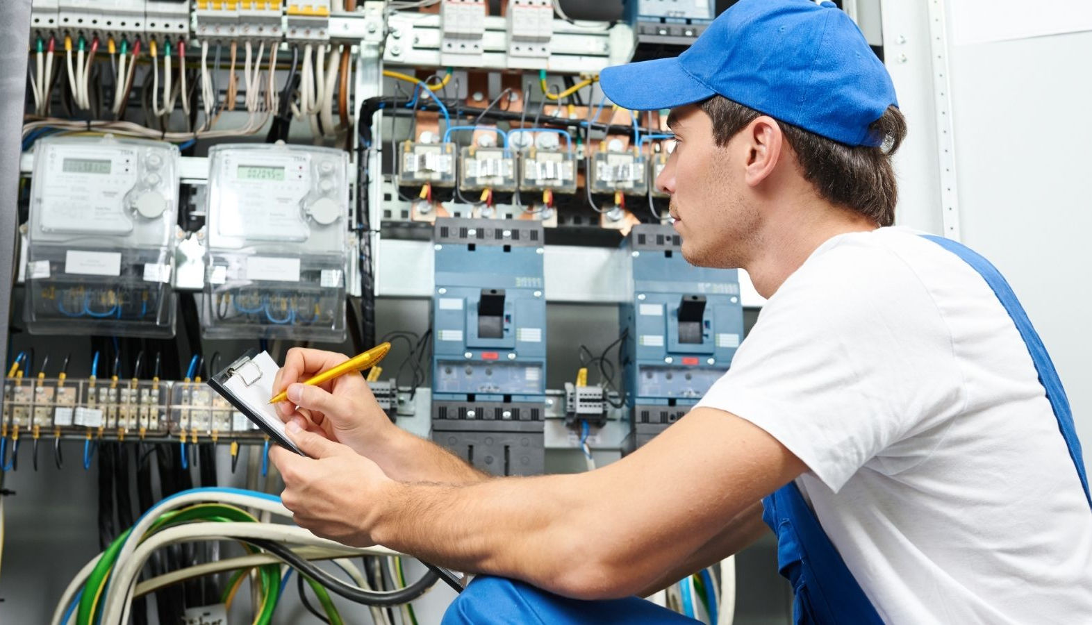 Electrician inspecting electrical panel, taking notes